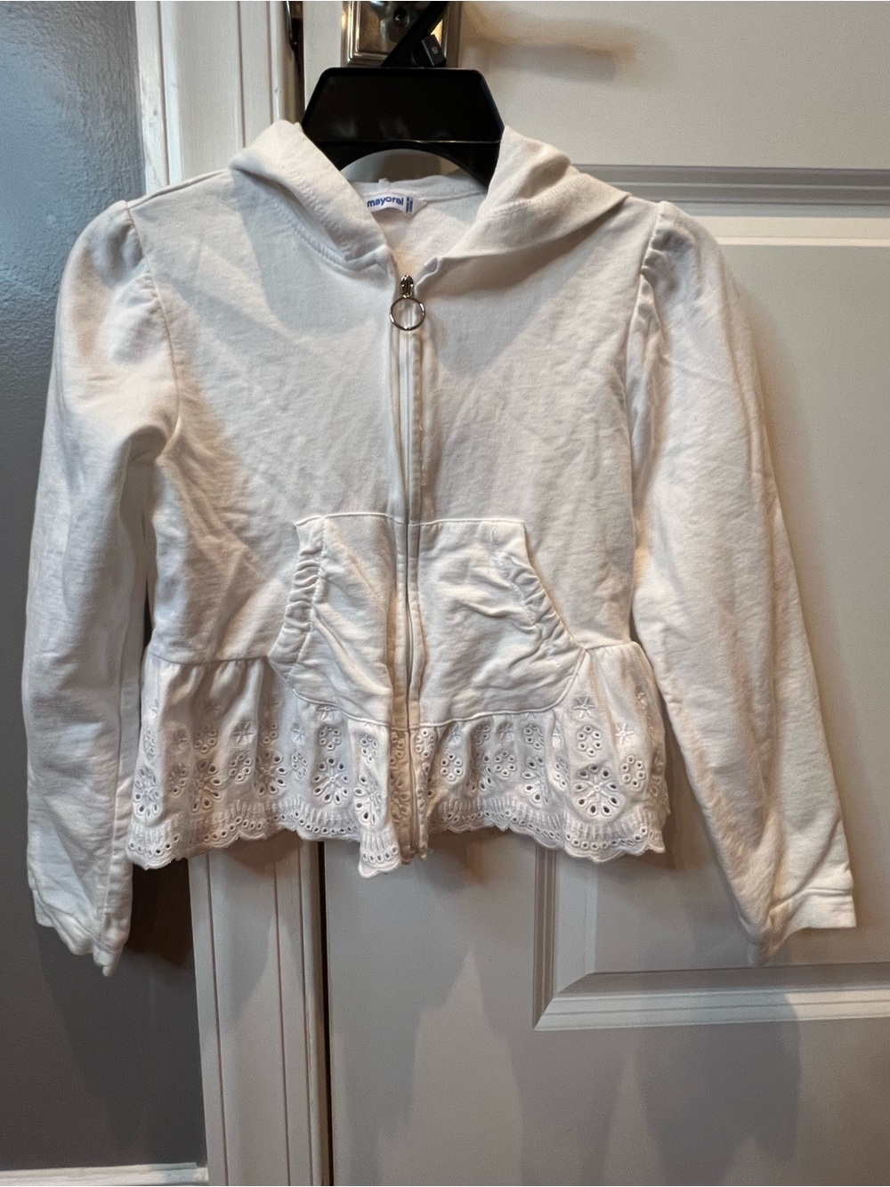Mayoral White Hooded Eyelet-Peplum Zip Jacket